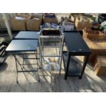 AN ASSORTMENT OF ITEMS TO INCLUDE TWO SHELVING UNITS AND TWO OCCASIONAL TABLES ETC