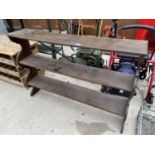 A VINTAGE WOODEN THREE TIER OPEN SHELVING UNIT