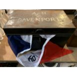A VINTAGE VETERAN SERIES METAL DEED BOX WITH KEY AND CLOTH BUNTING