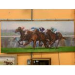 A LANDSCAPE PRINT ON CANVAS DEPICTING HORSE RACING SIGNED ROGER HEATON H:50.5 W:121.5CM