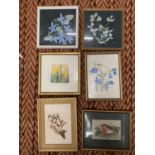 FIVE SMALL FRAMED PICTURES DEPICTING FLOWERS AND A FRAMED CASH'S SILK OF A ROBIN