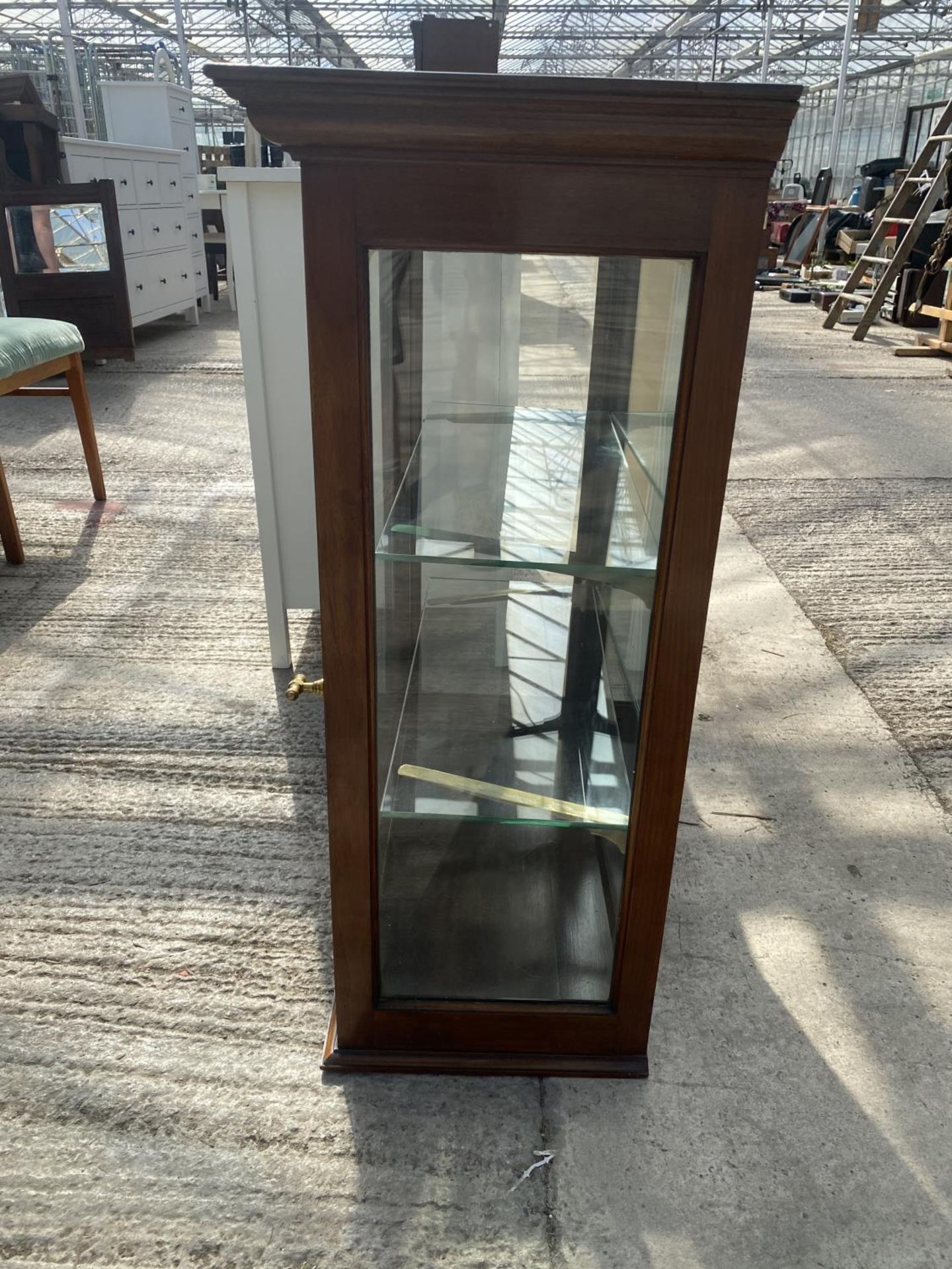 A MAHGOANY COUNTER TOP SHOP DISPLAY CABINET WITH MIRRORED BACK, TWO GLASS SHEVLES AND PATENT BRASS - Image 3 of 5