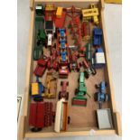 A WOODEN TRAY OF VINTAGE MODEL FARM VEHICLES