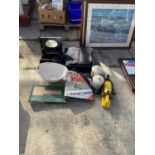 AN ASSORTMENT OF ITEMS TO INCLUDE A VINTAGE HAIR DRYER, CERAMIC POTS AND A LAPTOP CASE ETC