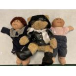 TWO ORIGINAL VINTAGE CABBAGE PATCH DOLLS AND A PILOT TEDDY BEAR