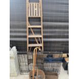 A LARGE METAL PET CAGE, A FIVE RUNG WOODEN STEP LADDER AND TWO WALKING STICKS ETC