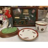 A COLLECTION OF GOLFING ITEMS TO INCLUDE SMALL DISPLAY CASE, CUPAND SAUCER AND FIGURE (A/F)