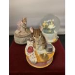 THREE MOUSE RELATED CERAMICS TO INCLUDE TWO MUSICAL BOXES AND A SNOW GLOBE
