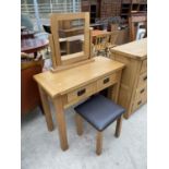 A LIGHT OAK DRESSING TABLE WITH TWO DRAWERS, 39" WIDE TOGETHER WITH A STOOL