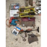 AN ASSORTMENT OF TOOLS TO INCLUDE A BRACE DRILL, A CLARKE AIR HAMMER KIT AND A STAPLE GUN ETC
