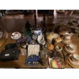 A LARGE ASSORTMENT OF ITEMS TO INCLUDE CERAMICS, PAIR OF OAK BARLEY TWIST CANDLESTICKS, GLASS