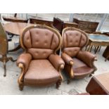 A PAIR OF VICTORIAN STYLE BUTTON BACK EASY CHAIRS (ONE CUSHION MISSING)