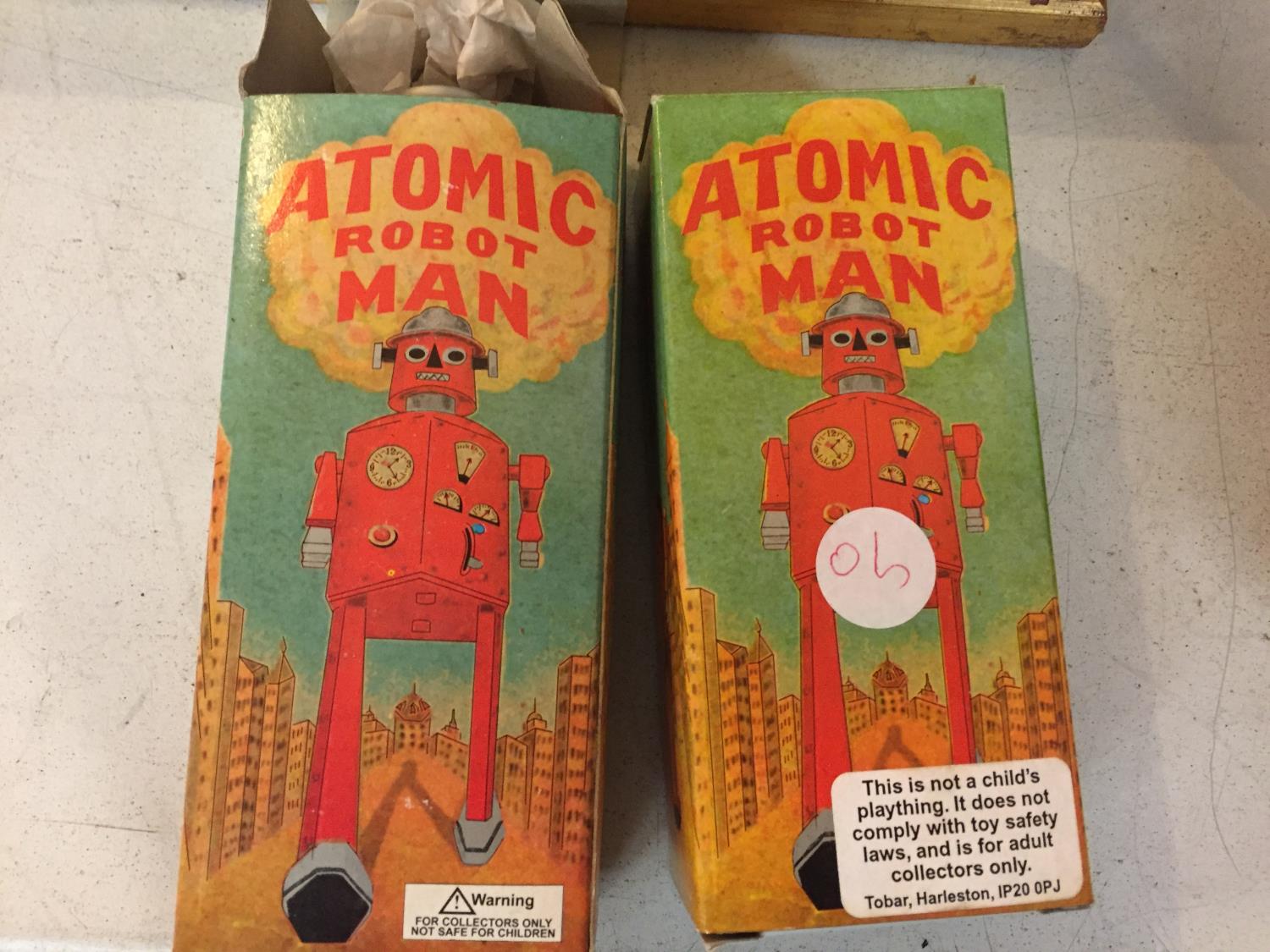 TWO BOXED SCHYLLING WIND UP 'ATOMIC ROBOT MAN' - BOTH WITH KEYS