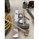 AN ASSORTMENT OF ITEMS TO INCLUDE A RUBBER HAMMER, TWO SLEDGE HAMMERS AND A LIGHT BOARD