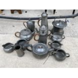 AN ASSORTMENT OF PEWTER ITEMS TO INCLUDE JUGS, TEAPOTS AND COFFEE POTS, TO INCLUDE TUDRIC ETC