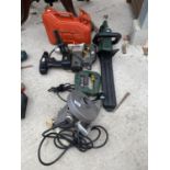 AN ASSORTMENT OF POWER TOOLS TO INCLUDE AN SDS DRILL, A JIGSAW AND A HEDGE CUTTER