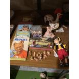 SIX VINTAGE ANNUALS, A PINNOCHIO STRING PUPPET. A COLLECTION OF SMALL BABY DOLLS ETC