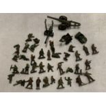 A COLLECTION OF SOLDIERS, ANTI TANK GUNS, SCOUT CAR ETC TO INCLUDE DINKY, BRITAINS ETC