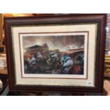 A FRAMED SIGNED LIMITED EDITION HORSE RACING PRINT 'SET THE HORSE ABLAZE'