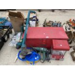 AN ASSORTMENT OF ITEMS TO INCLUDE A TOOL CHEST, POWER TOOLS AND A PUMP ETC