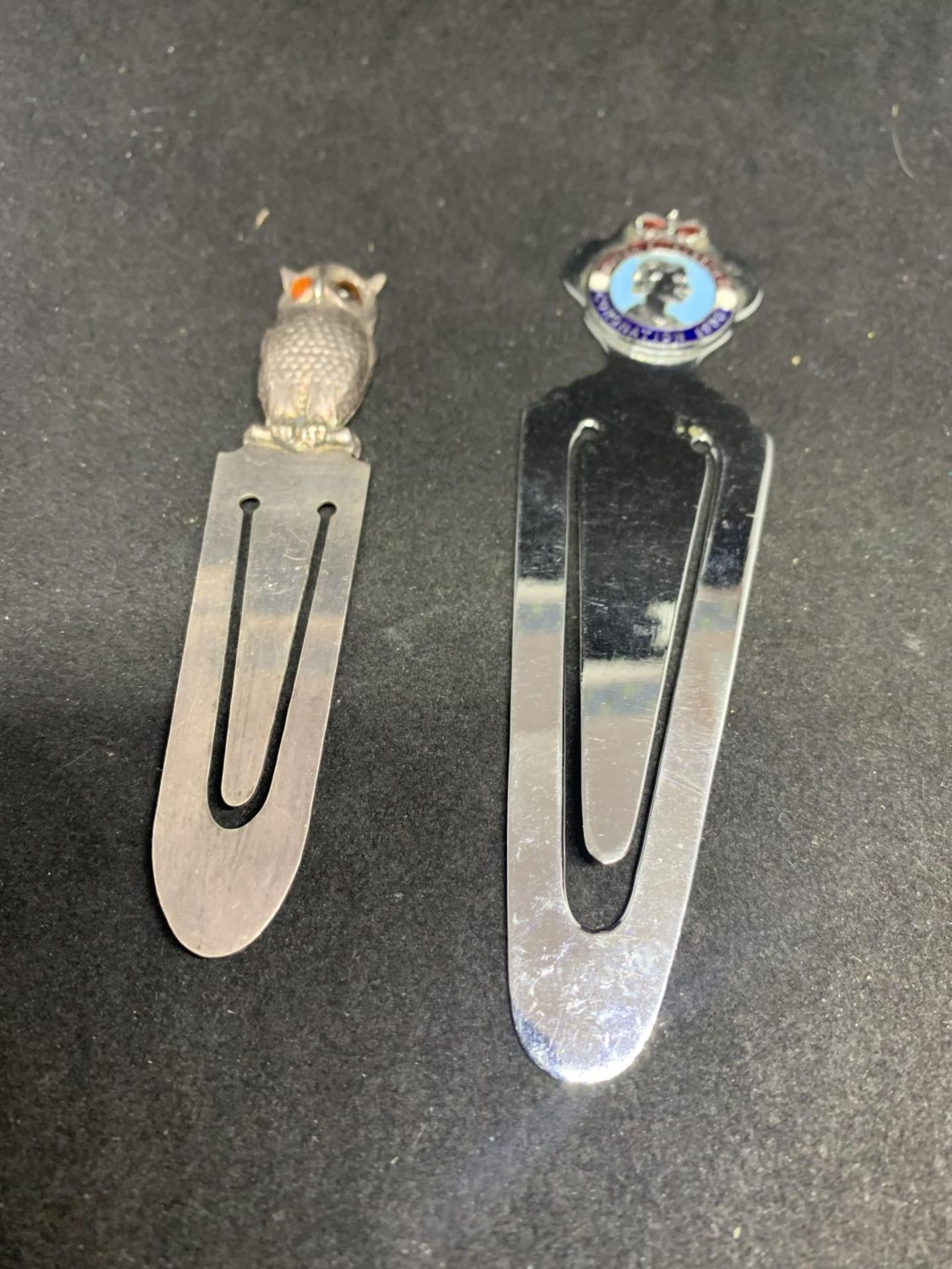 TWO BOOK MARKS TO DEPICT AN OWL AND A QUEEN ELIZABETH CORONATION