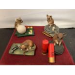 FOUR TEVIOTDALE CERAMIC MOUSE FIGURINES TO INCLUDE ONE WITH CARTRIDGES, GOLF THEMED, FISHING REEL