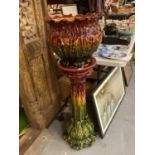A LARGE CERAMIC JARDINIERE AND PEDESTAL A/F - APPROX. H:107CM INCLUDING JARDINIERE