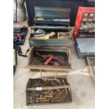 TWO METAL TOOL BOXES AND AN ASSORTMENT OF TOOLS AND HARDWARE ITEMS ETC