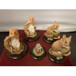 FIVE ROYAL DOULTON MOUSE FIGURINES ON WOODEN PLINTHS