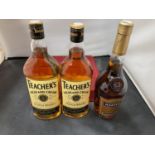 TWO 70 CL BOTTLES OF TEACHERS WHISKEY AND A 70 CL BOTTLE OF MARTELL BRANDY