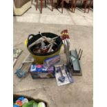 AN ASSORTMENT OF ITEMS TO INCLUDE HAND TOOLS, A ROTO PRO AND A MITRE SAW ETC