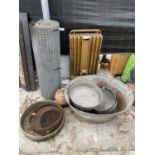 AN ASSORTMENT OF VINTAGE ITEMS TO INCLUDE, A GALVANISED BATH, A JAM PAN AND A HEATER ETC