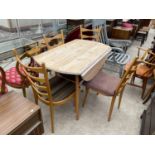 FOUR SARDAN LADDER BACK KITCHEN CHAIRS UPHOLSTERED IN MERKALON AND A DROP LEAF TABLE