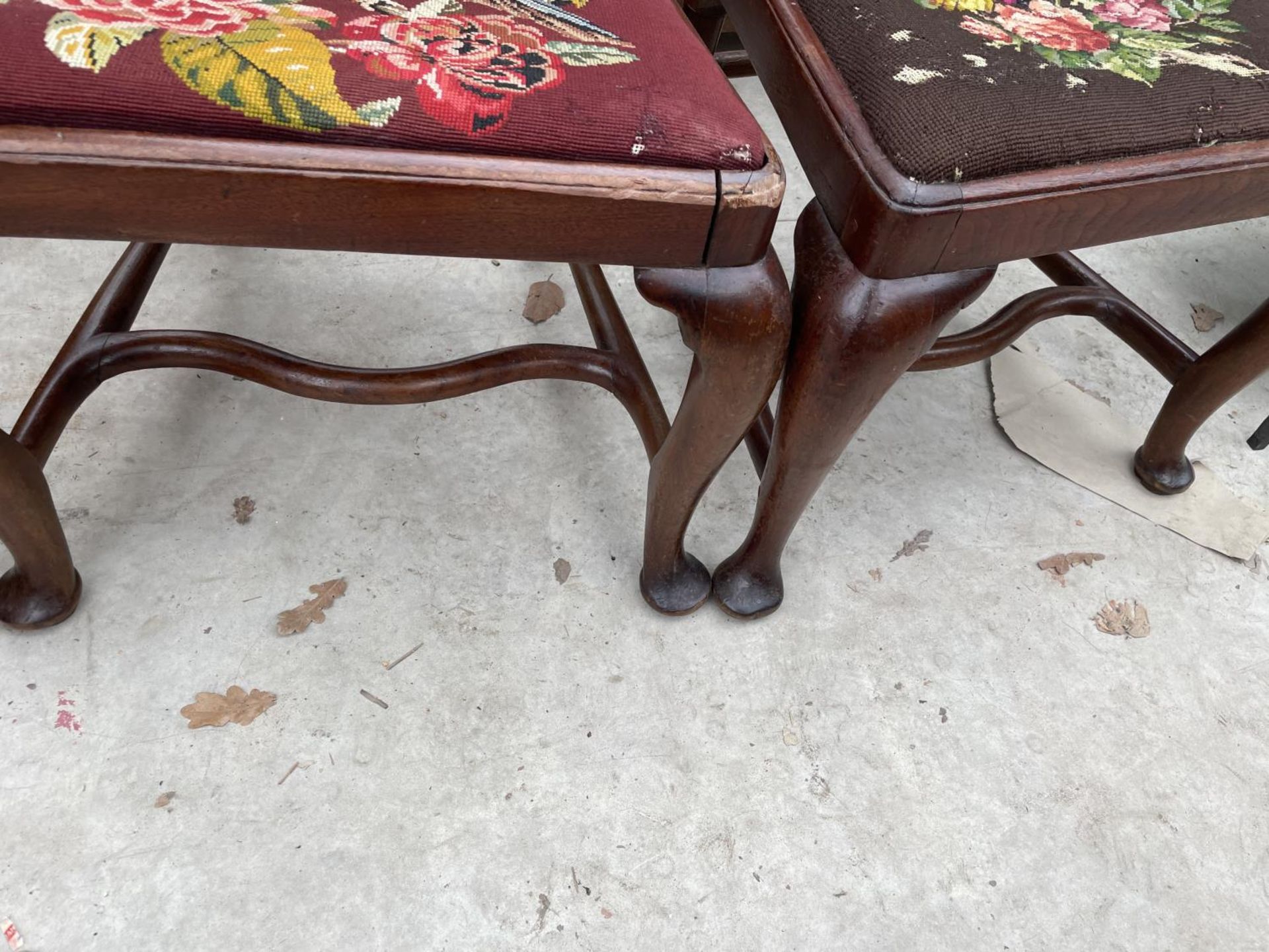 A PAIR OF QUEEN ANNE STYLE DINING CHAIRS, THE TAPERED SEATS WITH EXOTIC BIRD DECORATION - Image 4 of 5