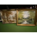 TWO GILT FRAMED OIL ON CANVAS PICTURES DEPICTING WOODLAND SCENES