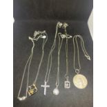 SIX SILVER NECKLACES WITH PENDANTS TO INCLUDE CLEAR STONE CROSS, FLOWER AND RECTANGLE ETC