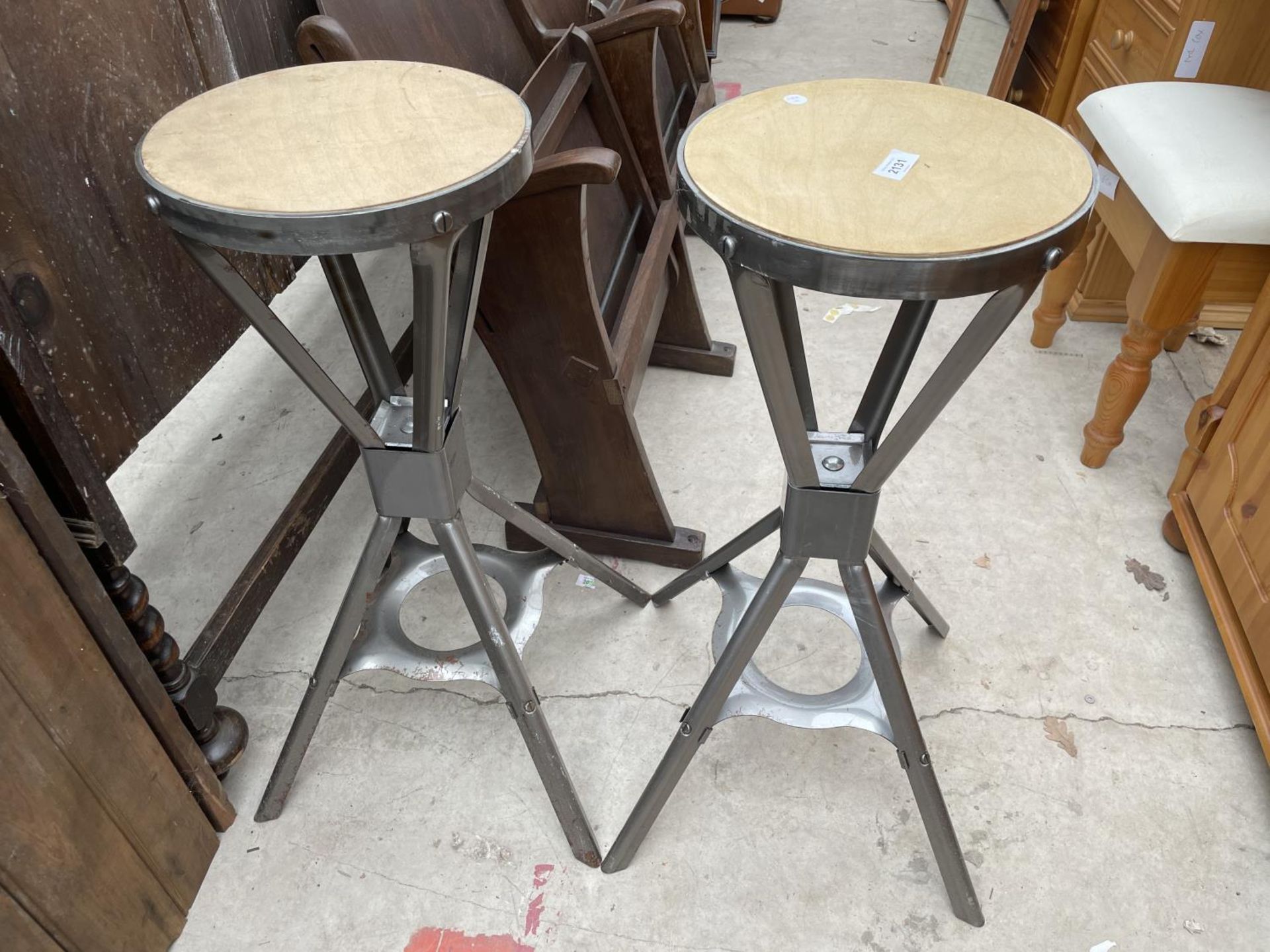 TWO POLISHED METAL INDUSTRIAL STYLE STOOLS H: 30 INCHES