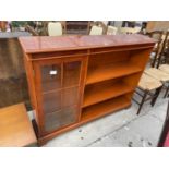 A YEW WOOD OPEN BOOKCASE WITH ONE GLAZED SECTION, 55" WIDE