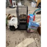 A COLLECTION OF PET ITEMS TO INCLUDE A BIRD CAGE, A PET CARRIER AND DOG FOOD ETC