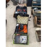 AN IN CAR AIR COMPRESSOR, A GUNSONS TESTUNE AND AN ASSORTMENT OF SCREW DRIVERS ETC