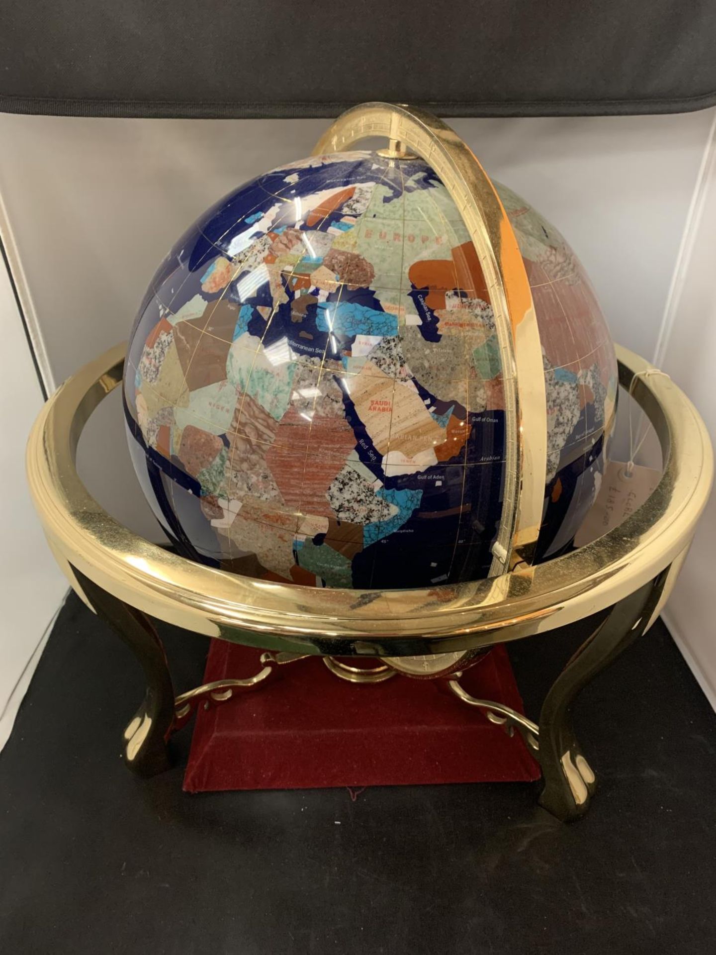 A LAPIZ LAZULI AGATE GEMSTONE HANDCRAFTED LARGE GLOBE INCORPORATING A COMPASS H:46CM