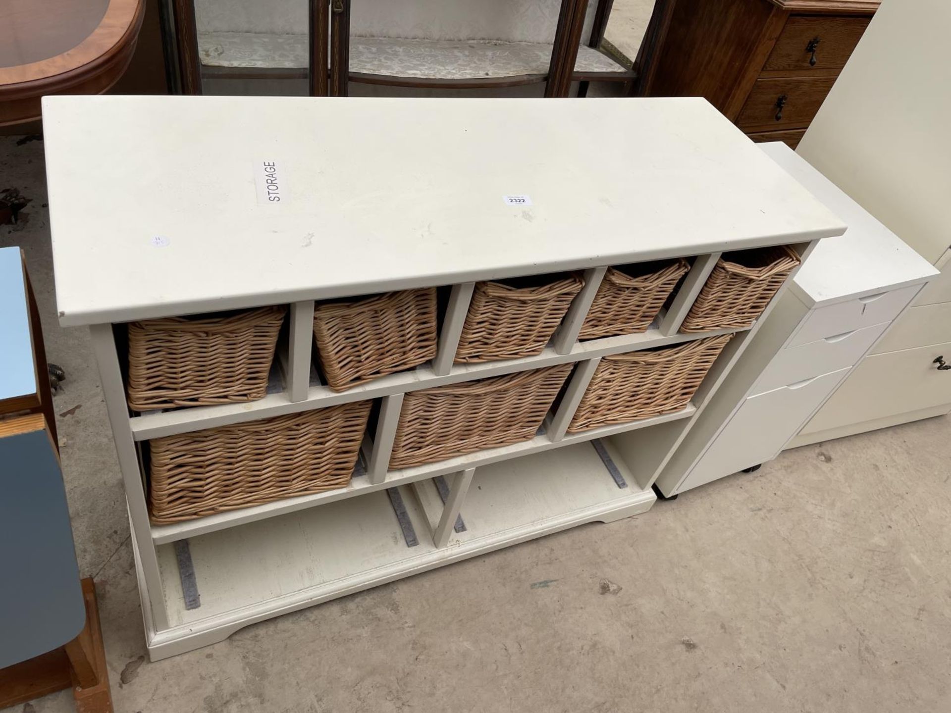 A WHITE STORAGE CHEST WITH EIGHT BASKETS, SIX DRAWER CHEST AND SMALL THREE DRAWER CHEST - Image 2 of 6