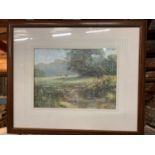 A FRAMED PRINT DEPICTING CATTLE BY A STREAM