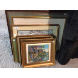 FIVE VARIOUS FRAMED PRINTS AND WATERCOLOURS AND A PAIR OF GILT FRAMED 3D PICTURES