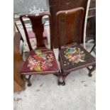 A PAIR OF QUEEN ANNE STYLE DINING CHAIRS, THE TAPERED SEATS WITH EXOTIC BIRD DECORATION