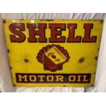A LARGE METAL ENAMEL 'SHELL MOTOR OIL' SIGN 90CM X 70CM