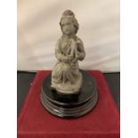 A VINTAGE SPELTER FIGURINE ON A PLINTH IN THE FORM OF AN ANGEL H: 23CM
