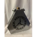 A SILVER 'MERCEDES BENZ' PETROL CAN WITH BRASS LID