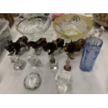 A COLLECTION OF GLASS WARE AND CERAMICS TO INCLUDE GLASS PAPERWEIGHTS, SHIRE HORSES ETC