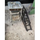A VINTAGE KITCHEN STOOL AND A PAIR OF CAR RAMPS